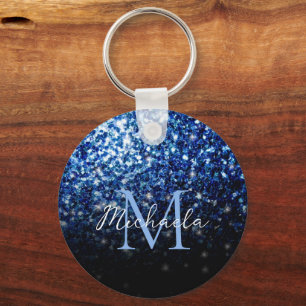 Dark Blue deep shiny faux glitter sparkle Monogram Key Ring