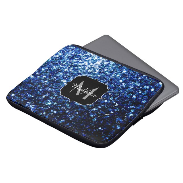 Dark Blue deep shiny faux glitter sparkle Monogram Laptop Sleeve (Front Top)