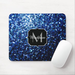 Dark Blue deep shiny faux glitter sparkle Monogram Mouse Mat