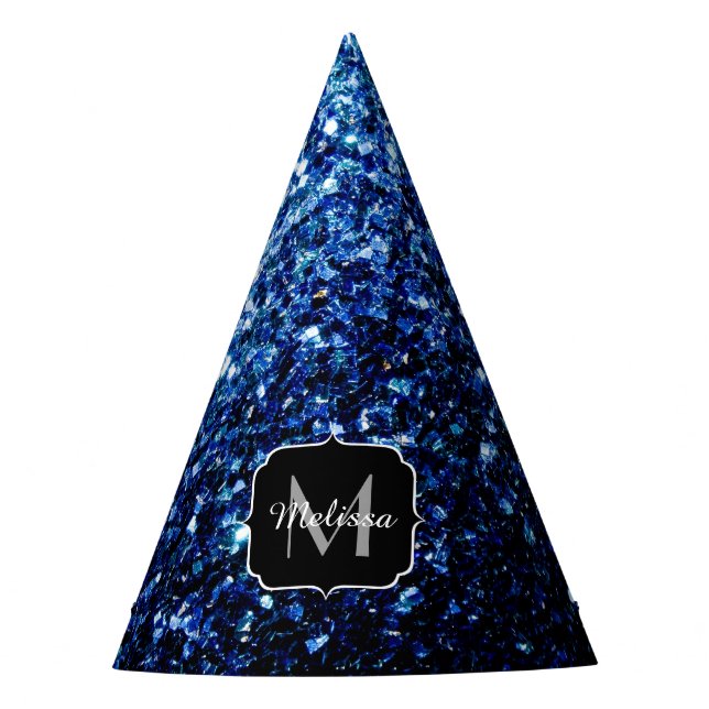 Dark Blue deep shiny faux glitter sparkle Monogram Party Hat (Front)