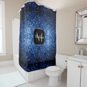Dark Blue deep shiny faux glitter sparkle Monogram Shower Curtain