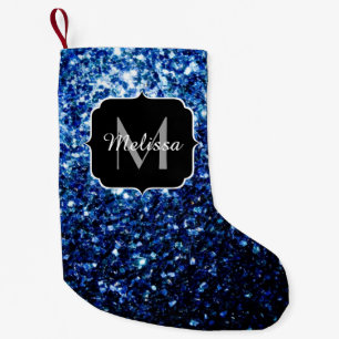 Dark Blue deep shiny faux glitter sparkle Monogram Small Christmas Stocking