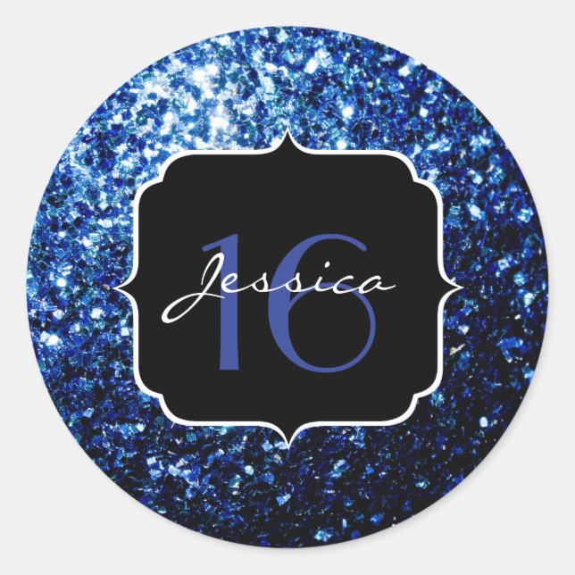 Dark Blue deep shiny faux glitter sparkle Sweet 16 Classic Round Sticker (Front)