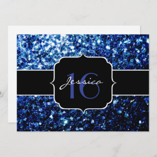 Dark Blue deep shiny faux glitter sparkle Sweet 16 Invitation
