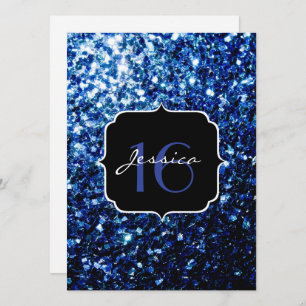 Dark Blue deep shiny faux glitter sparkle Sweet 16 Invitation