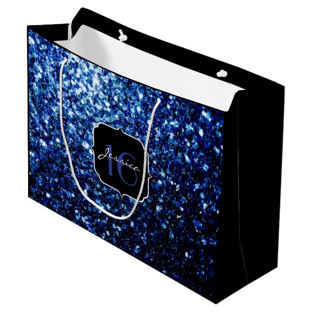 Dark Blue deep shiny faux glitter sparkle Sweet 16 Large Gift Bag (Front Angled)