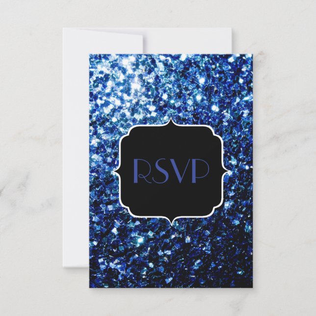 Dark Blue deep shiny faux glitter sparkle Sweet 16 RSVP Card (Front)