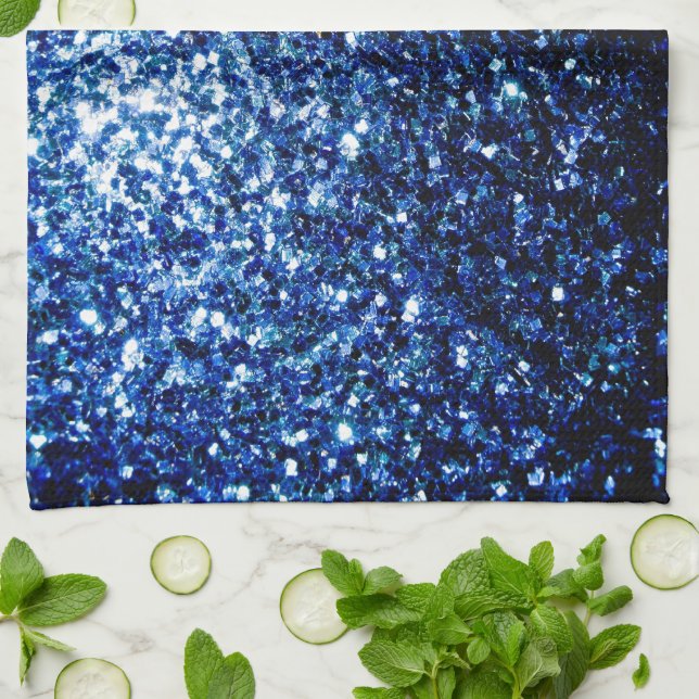 Dark Blue deep shiny faux glitter sparkles Tea Towel (Folded)