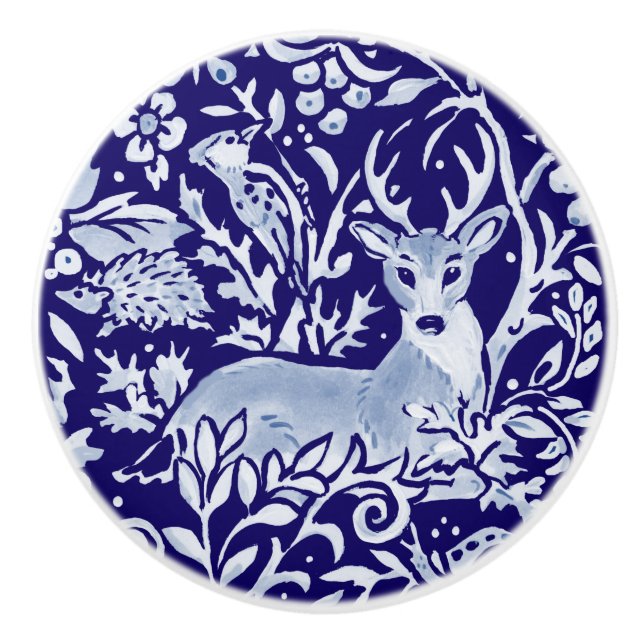 Dark Blue Deer Hedgehog Woodland Animal Floral Ceramic Knob (Front)