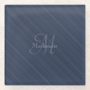 Dark Blue Diagonal Stripes Custom Monogram Name Glass Coaster