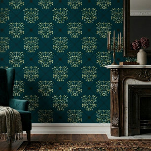 Dark Blue Diamond Damask Pattern Wallpaper