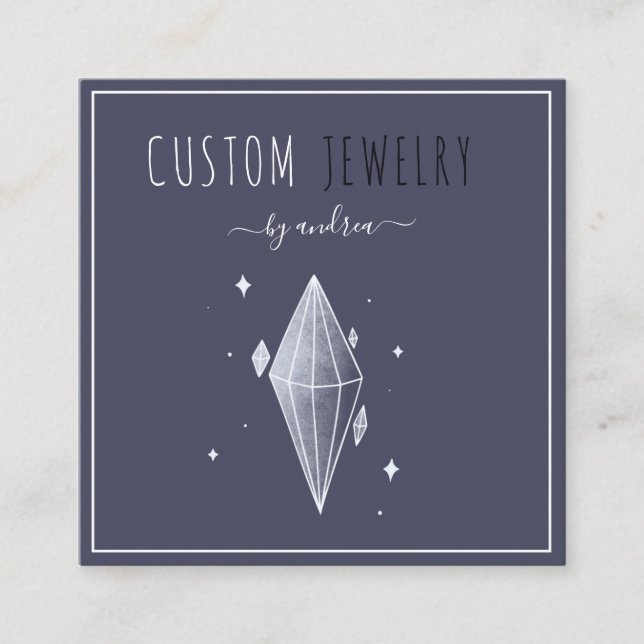 Dark Blue Diamond Jewellery Designer QR Code Socia Square Business Card (Front)