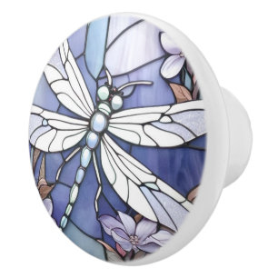 Dark Blue Dragonfly Stained Glass Flower Ceramic Knob