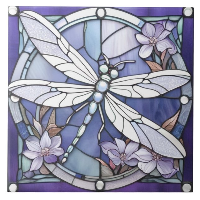 Dark Blue Dragonfly Stained Glass Flower Tile (Front)