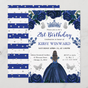 Dark Blue Dress Brunette Princess Birthday Invitation