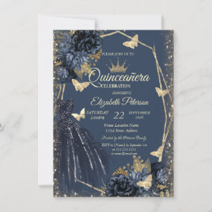Dark Blue Dress,Roses,Gold Butterflies Quinceañera Invitation
