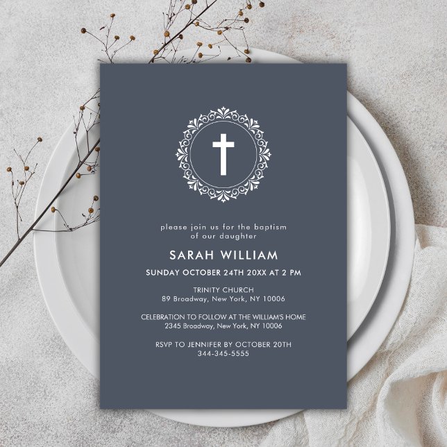 Dark Blue Elegant Classic Cross Wreath Baptism  Invitation (Dark Blue Elegant Classic Cross Wreath Baptism Invitation)