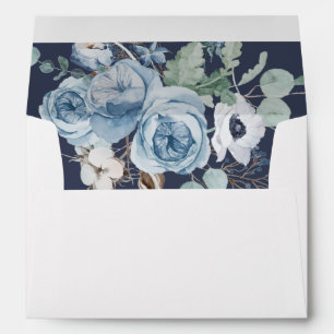 Dark Blue Elegant Floral Script Wedding Envelope