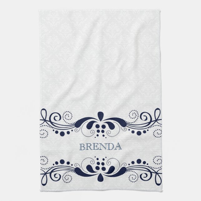 Dark Blue Elegant Floral Swirls Frame Monogram Tea Towel (Vertical)