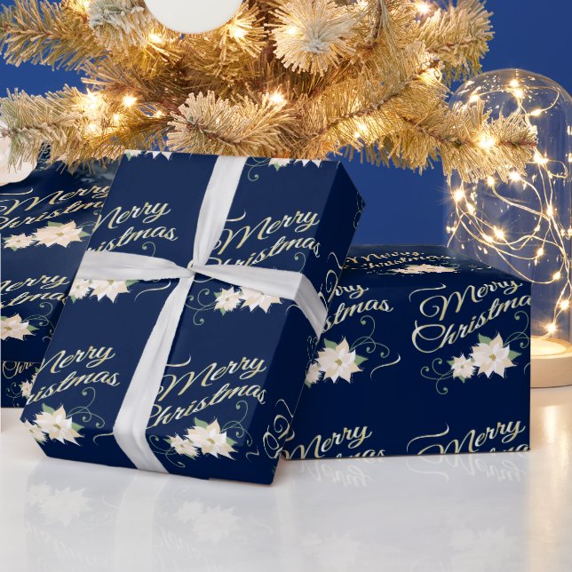 Dark Blue Elegant Merry Christmas White Poinsettia Wrapping Paper (Holidays)