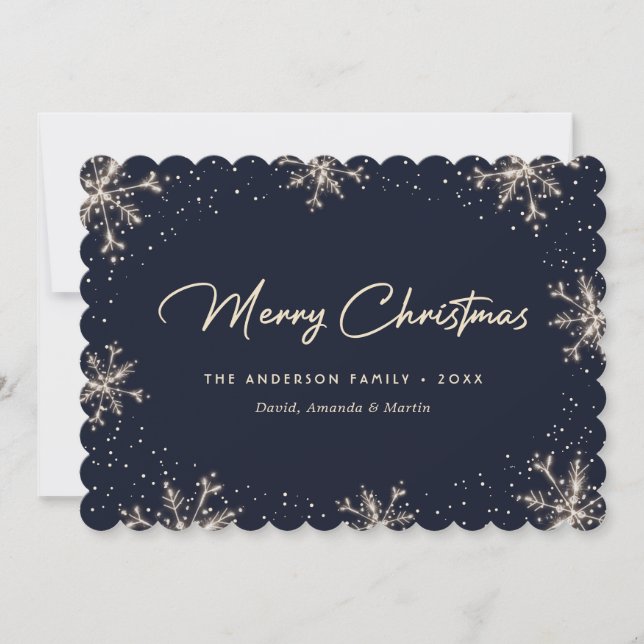 Dark Blue Elegant Modern Snowflake Christmas Card (Front)