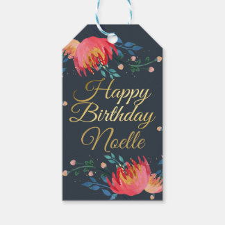 Dark Blue, Elegant, Whimsical Flowers, Gold Accent Gift Tags