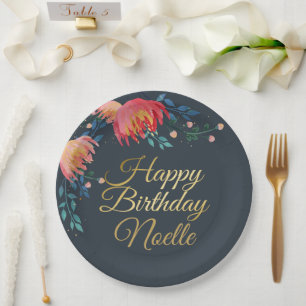 Dark Blue, Elegant, Whimsical Flowers, Gold Accent Paper Plate