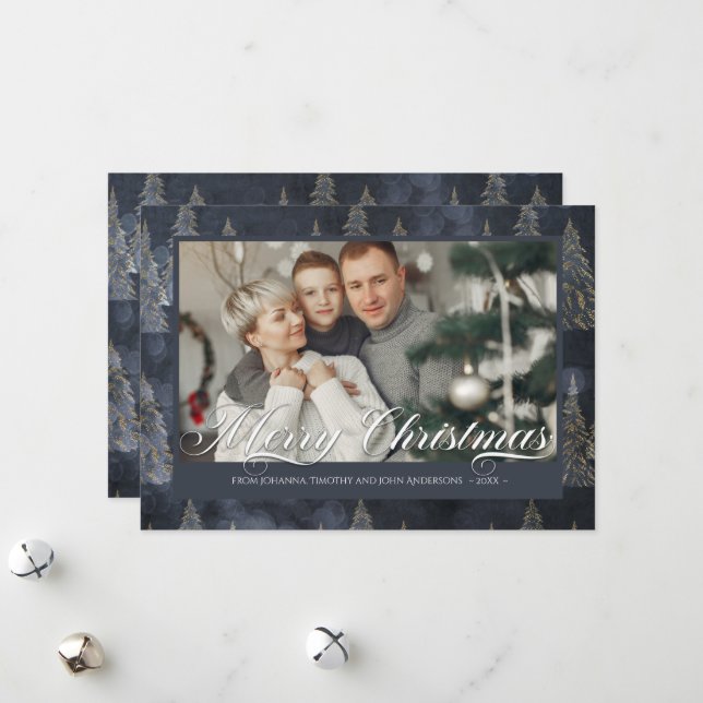 Dark Blue Family Photo Elegant Christmas Tree Holiday Card (Front/Back In Situ)