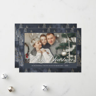 Dark Blue Family Photo Elegant Christmas Tree Holiday Card