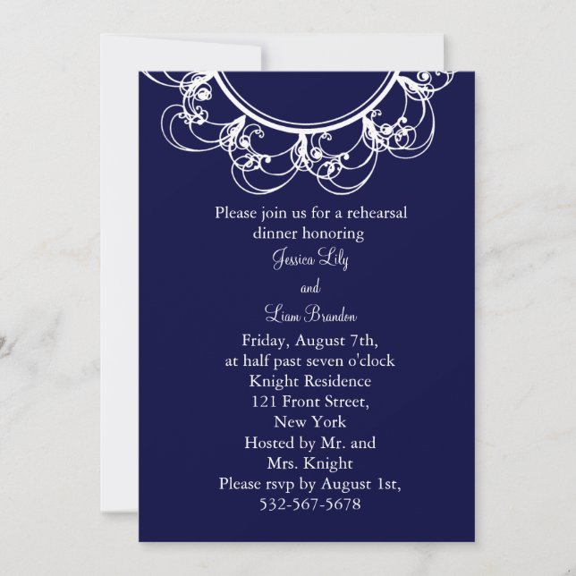 Dark Blue Fancy Monogram Rehearsal Dinner Invitation (Front)