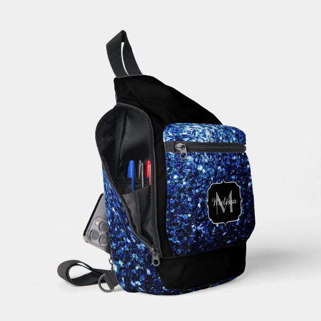 Dark blue faux glitter sparkles Black Monogram Sling Bag (Open)