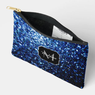 Dark blue faux glitter sparkles Monogram Accessory Pouch