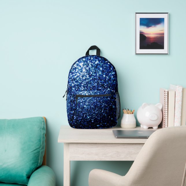 Dark blue faux glitter sparkles printed backpack (Insitu)