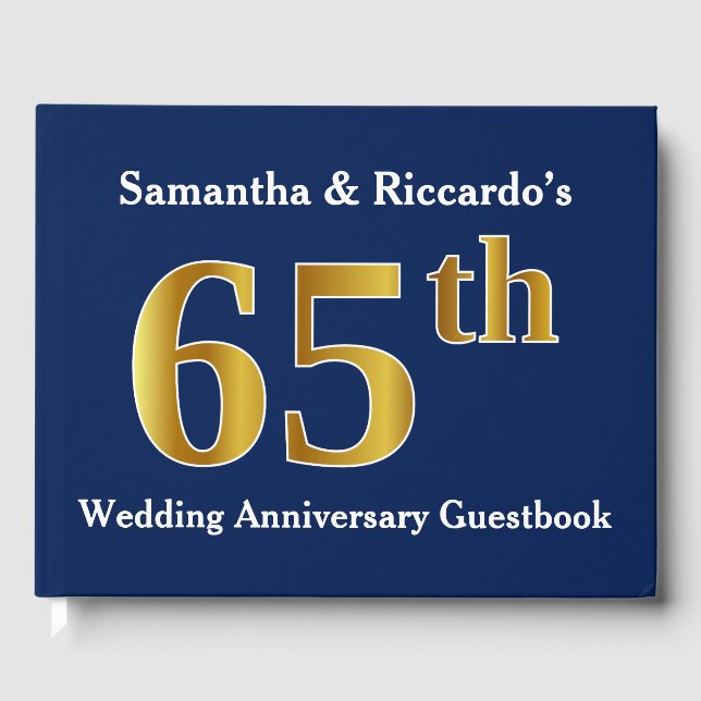 Dark Blue + Faux Gold 65th Wedding Anniversary Guest Book (Front)