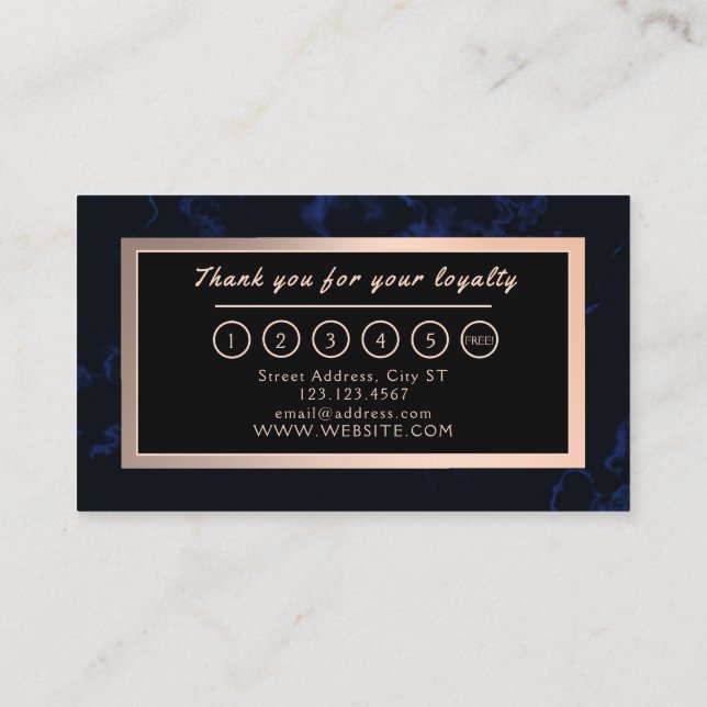 Dark blue faux marble texture frame loyalty business card (Back)