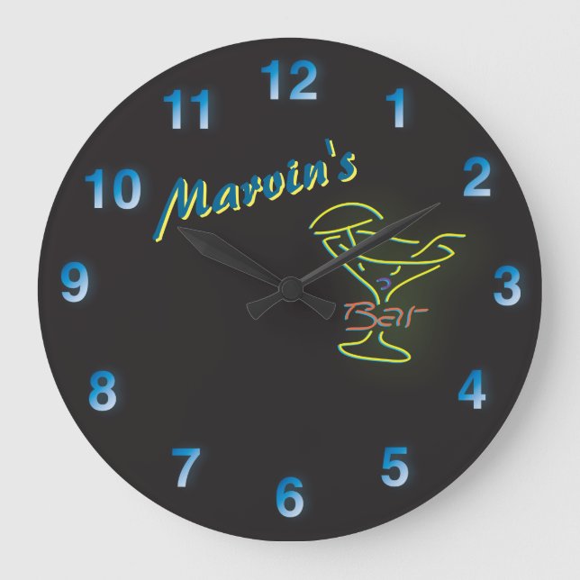 Dark Blue 🍻🕰 Faux Neon Sign Custom Mancave Bar Large Clock (Front)