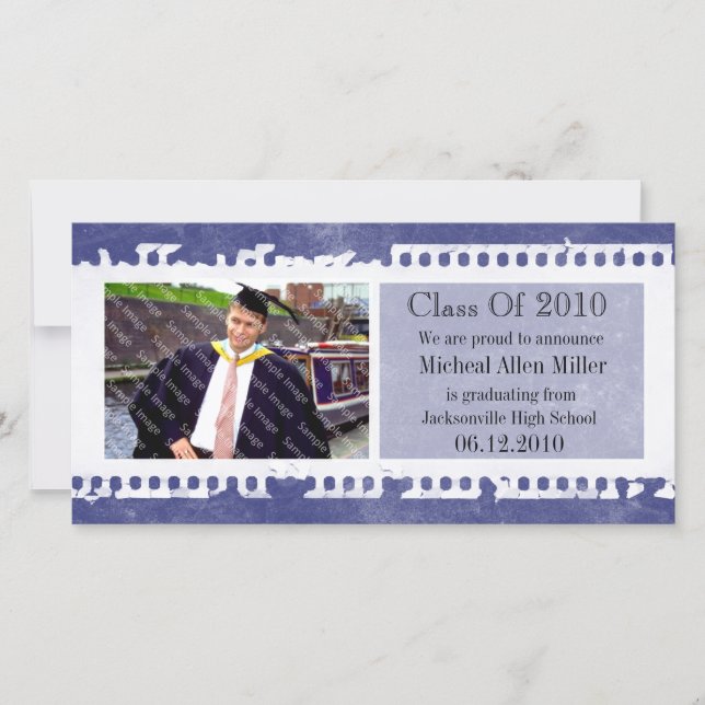 Dark Blue Film Grunge Graduation Photo Card (Front)
