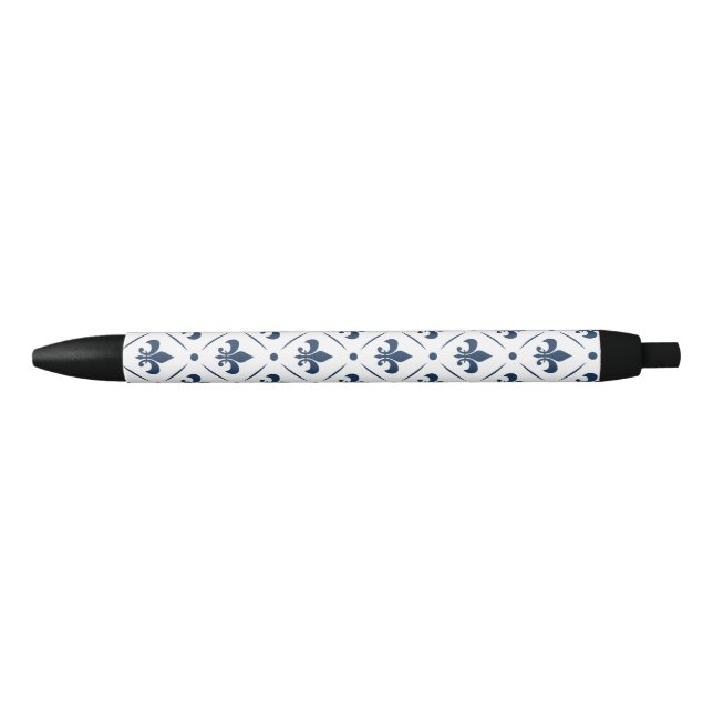 Dark blue Fleur De Lis pattern on white background Black Ink Pen (Front)
