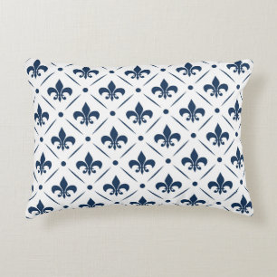Dark blue Fleur De Lis pattern on white background Decorative Cushion