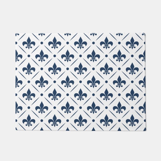 Dark blue Fleur De Lis pattern on white background Doormat (Front)