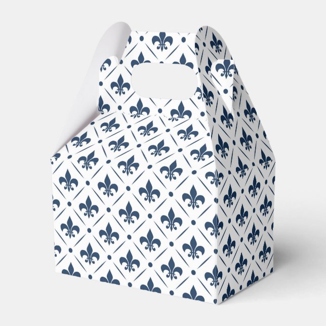 Dark blue Fleur De Lis pattern on white background Favour Box (Front Side)