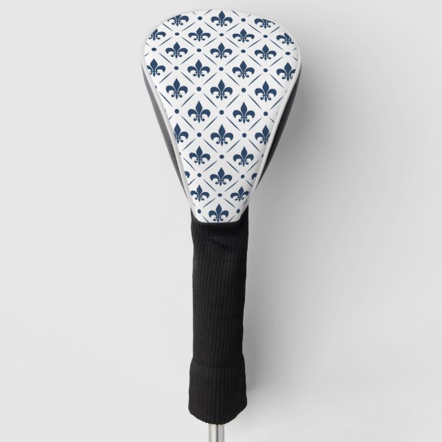 Dark blue Fleur De Lis pattern on white background Golf Head Cover (Front)