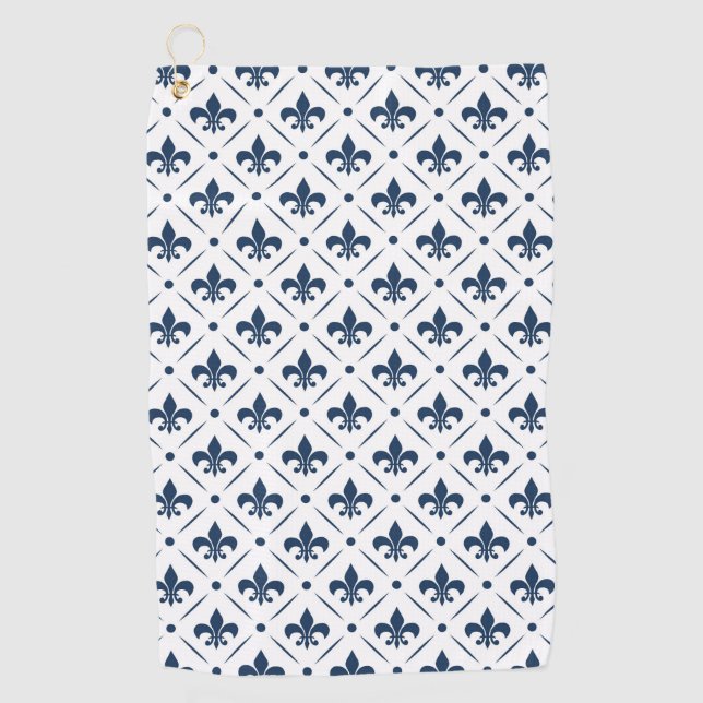 Dark blue Fleur De Lis pattern on white background Golf Towel (Front)