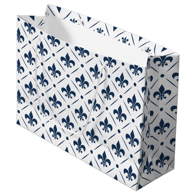 Dark blue Fleur De Lis pattern on white background Large Gift Bag (Front Angled)
