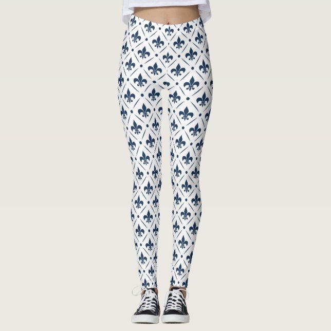 Dark blue Fleur De Lis pattern on white background Leggings (Front)