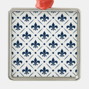 Dark blue Fleur De Lis pattern on white background Metal Tree Decoration