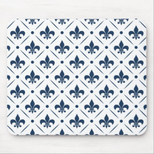 Dark blue Fleur De Lis pattern on white background Mouse Mat