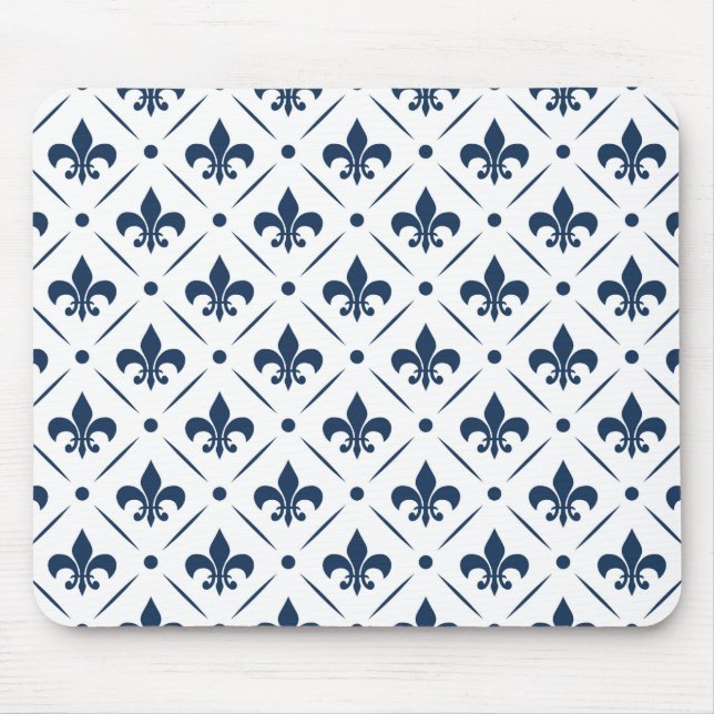 Dark blue Fleur De Lis pattern on white background Mouse Mat (Front)