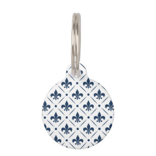 Dark blue Fleur De Lis pattern on white background Pet Tag