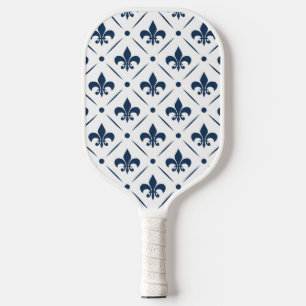 Dark blue Fleur De Lis pattern on white background Pickleball Paddle